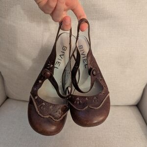 BIVIEL Brown Leather Mary Jane Heels With Eyelet Cutouts Size 38, 7.5US
